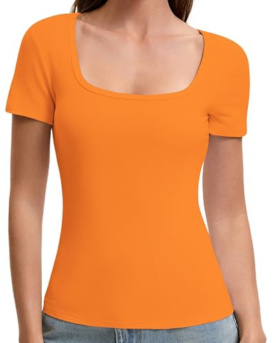 OYIGELZ Damen T-Shirt Quadratischer Ausschnitt Kurzarm Oberteil Elegant Slim Fit Basic Sommer Shirt