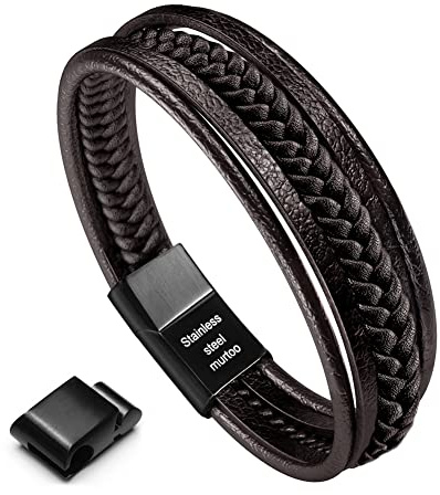 murtoo Herren Armband Edelstahl Echtleder Armband Naturstein Geflochten Mit Magnet Verschluss (22.5cm, braun)