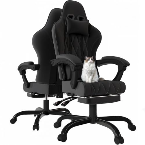 JUMMICO Gaming Stuhl Stoff mit Massage & Fußstütze, Tiefschwarz | Bürostuhl mit Massagefunktion, Schreibtischstuhl mit Fußstütze, 90-135° Rückenlehne, klappbare Armlehnen, Stoffbezug