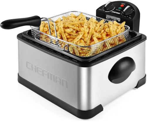 Chefman 4,3 Liter Fritteuse mit Sieb, XL Jumbo Größe, Einstellbare Temperatur & Timer, Perfekt für Frittierte Hähnchen, Garnelen, Chips & Mehr, Abnehmbarer Öl-Behälter, Edelstahl