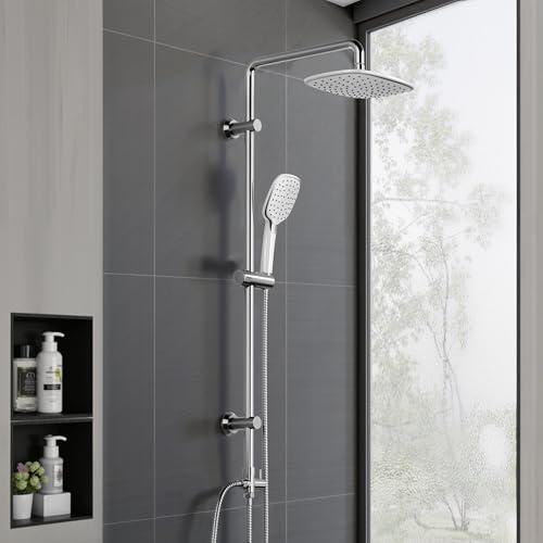 Florenta Regendusche Duschsystem, Chrom, 26 × 20 cm | ohne Armatur, mit Edelstahl-Duschstange, Kopfbrause, Handbrause
