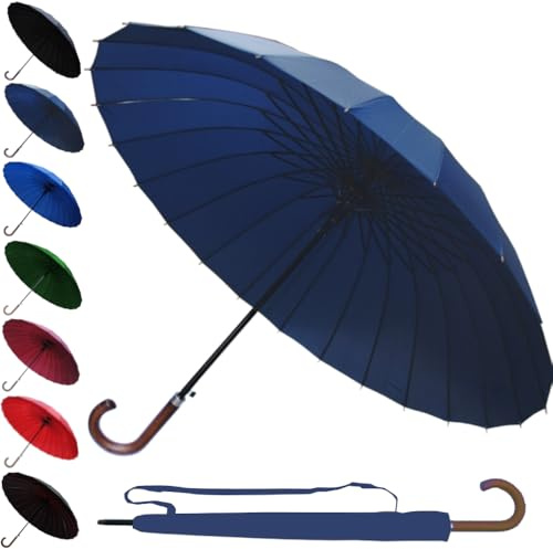 COLLAR AND CUFFS LONDON 95KPH Regenschirm Sturmfest XL - 24 Rippen SEHR STARK - Stockschirm Groß Herren Damen Windfest - Golfschirm Windproof Fiberglasrippen - Holzgriff Automatik Marineblau Blau