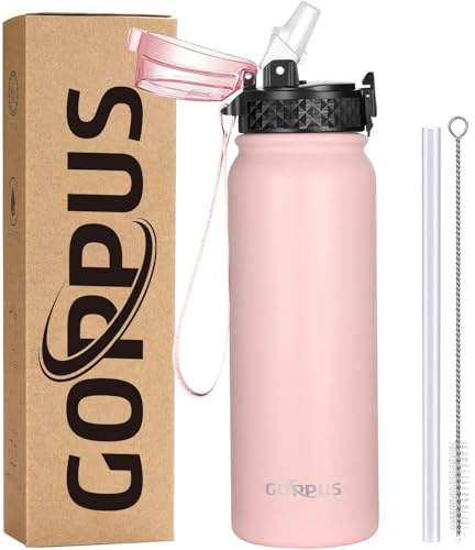 GOPPUS 600ml/20oz Edelstahl Wasserflasche mit Strohhalm Trinkflasche Sport Thermosflasche Auslaufsicher Flasche Water Bottle with Straw Thermoflasche Kohlensäure Trinkflasche