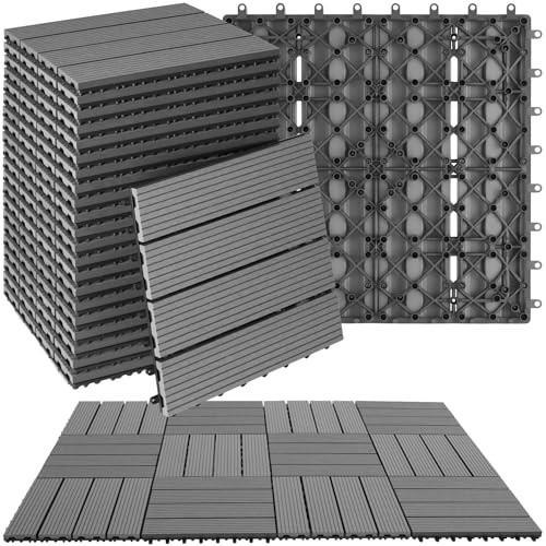 tectake® WPC Holzfliesen, 31x31 cm, Holzoptik Fliesen wetterfest, 22er Set = 2,1142 m², Bodenbelag für Wintergarten, Bodenfliesen, Balkonboden, Boden Terrassenfliesen mit Klicksystem, Drainage - grau