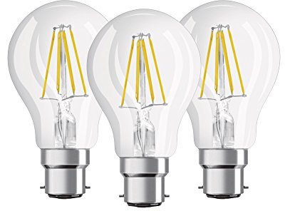 Osram LED Base Classic A Lampe, in Kolbenform mit B22d-Sockel, nicht dimmbar, Ersetzt 60 Watt, Filamentstil Klar, Warmweiß - 2700 Kelvin, 3er-Pack