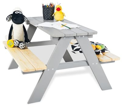 PINOLINO Nicki 4er Kindersitzgruppe - Kindertisch - Picknicktisch aus Massivholz, Kinder Spielbar - Langlebige Sitzbank für draußen, Kindergartenmöbel ab 2 Jahren, Outdoor-Tisch 90 x 79 x 50 cm, Grau