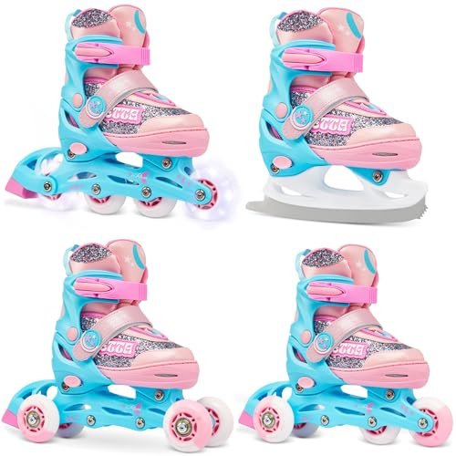 RAVEN 4in1 Inline Skates Triskates Rollschuhe Schlittschuhe Inliner für Kinder Mädchen verstellbar (Etta Blue/Pink, 34-37 (21,5cm-24cm))