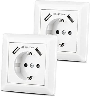 Sasudose 2 X USB Steckdose Unterputz System 55 Reinweiß Glänzend Weiß Passt in Handelsübliche Unterputzsteckdose, Schutzkontakt-Schuko Wandsteckdose für USB-Anschluss Smartphone MP3 Tablet