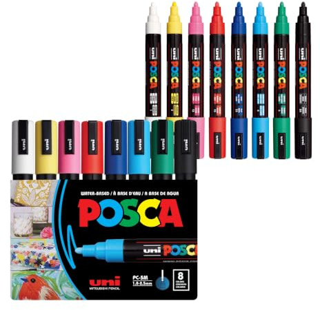 uni-ball 182512 - POSCA Marker mit mittelfeiner Rundspitze, 8er Set, Grundfarben