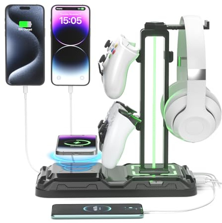 KDD Gaming Headset Halterung & Controller Halter mit Wireless Ladegerät | Kopfhörer Halter Led mit 9 Lichtmodi & 2 USB & 1 Typ-C Anschlüssen, Headphone Stand für Alle Kopfhörer PC Gaming Zubehör
