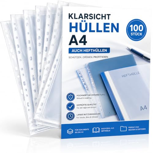 100x Prospekthüllen - extra dick - A4 Hefthülle Buchumschlag transparent DIN A4 - Klarsichthüllen mit Lochung - Folienhüllen zum Abheften - Prospekthülle Folie & Hüllen