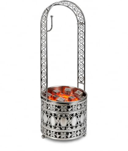 Bayli Shisha Kohlebehälter | Höhe - 49cm - Kohlekorb für die Shisha, Wasserpfeife Kohle | Grillkohlekorb mit Zangenhalter | Charcoal Basket - Silber | Kohlezubehör für Shishas & Wasserpfeifen