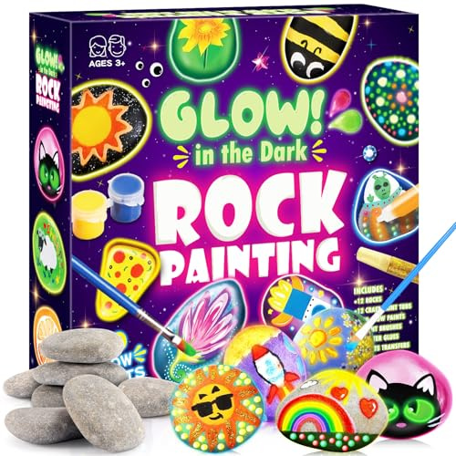 Steine zum Bemalen, Bastelset Kinder ab 5 6 7 8 9 10 Jahre Geschenk Mädchen 6-12 Jahren Basteln Mädchen 6-9 Jahre Ostern Geschenk 12 Stück Steine Bemalen Set mit 20 Farben(Farbe Leuchtet Im Dunkel)