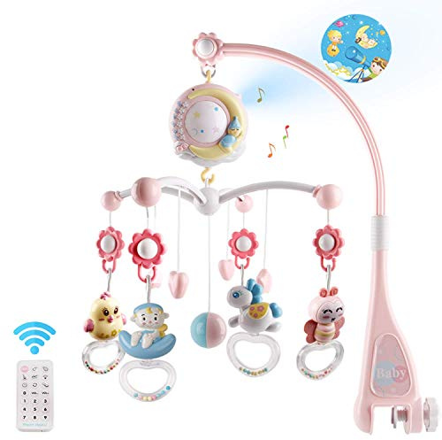 Mini Tudou Baby Mobile Musik Babybett mit Timing-Funktion Projektor und Licht,Baby Hängende Spielzeug,Ferngesteuerter Spieluhr mit 150 Melodien,Neugeborene Geschenk für Neugeborene Mädchen