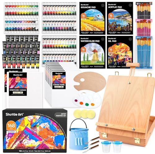 Shuttle Art 168 teiliger professioneller Malkoffer mit Aluminum- und Holzstaffelei, Acrylfarben Set, Aquarellfarben, Gouachefarben, Ölfarben, Leinwand, Staffelei Set, Malset für Kinder und Erwachsene