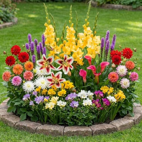 FLORIUM - 50 Sommerblumen zwiebeln Rainbow Mix 50 Blumenzwiebeln Gladiolen, Dahlien, Freesien, Lilien, Calla, Liatris, Exklusive Mischung aus Holland, Mehrjährig Pflanzen für Garten (große Knollen)