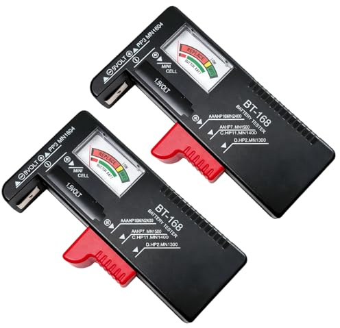 2er Set Batterie Tester für AA, AAA, C, D, 9V & Knopfzellen, Präzises Batteriemessgerät für Haushalte & Profis, Ohne Strom, Mit Farbiger Analoganzeige, Für Alle Batterietypen
