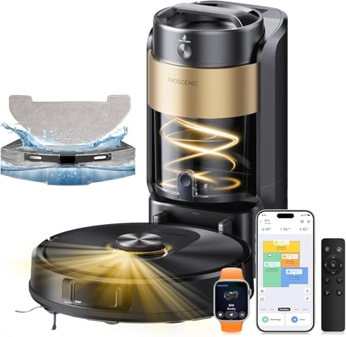Proscenic Q20Plus Saugroboter mit Wischfunktion, 10000Pa 200min Staubsauger Roboter mit Beutellose Entleerungsstation, 3-in-1 Saug und Wischroboter für Tierhaare, Teppiche, Hartböden, Schwarz