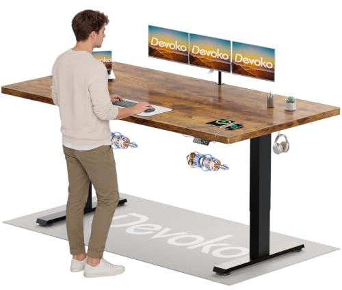 Devoko Höhenverstellbarer Schreibtisch mit 2 Motoren,25mm Einteilige Tischplatte, 200x80 cm Mobiler Elektrisch Computertisch mit Kabel Management, Vintagebraun - Perfekte Ergonomie für Dein Büro