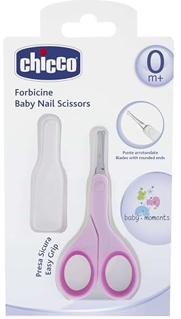 Chicco Nagelschere für Babys und Kinder, Edelstahl-Babyschere mit gebogenen Klingen und abgerundeten Spitzen, Schutzhülle, rutschfester Gummigriff - Babyzubehör für Neugeborene ab 0 Monaten, Rosa, 1 Stück (1er Pack)