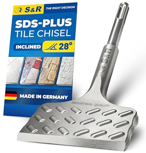 S&R Hochleistungs - Fliesenmeißel, SDS plus Meißel 165 mm x 75 mm abgewinkelt, SDS Meißel in Industrie-Qualität Made in Germany, Flachmeißel zum Fliesen und Fliesenkleber entfernen, gehärtet, breit