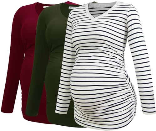 Smallshow Damen V-Ausschnitt Umstandsshirt Kleidung Langarm Gerafft Schwangerschaft Top