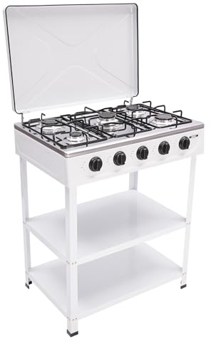 OUKANING Gasherd 5 Flammen, 2,5KW pro Brenner, Freistehender Gaskochfeld Für NG/LPG, Freistehend mit Drehknöpfen, Inkl Abdeckung und rutschfesten Füßen, Outdoor/Camping/Wohnmobil (Weiß)