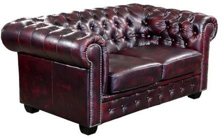 Chesterfield Ledersofa 2-Sitzer Brenton - Vintage Leder - Rot-Schwarz