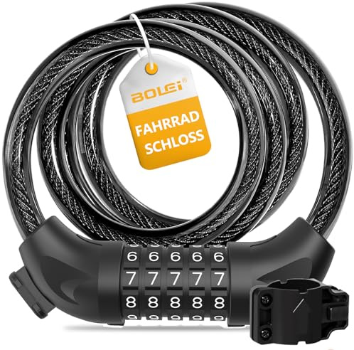 BOLEi Fahrradschloss mit Zahlencode 12mm/120CM,Anti-Diebstahl Fahrrad Kabelschloss mit 5-Stellig Code Kombination,Wasserdichtes Zahlenschloss Cable für Fahrrad,E-Bike,Kinderwagens,Leitern(Schwarz)