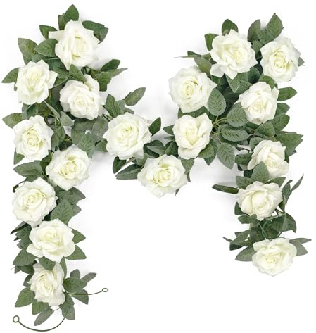 YMIFEEY 2 x 2m Blumengirlande Künstlich Weiße Rosen Blumen Girlande Deko Kunstblumen Hängend Rosengirlande Blumenranken Frühling Blumenkette für Hochzeit Tischdeko Party Blumenwand Fahrrad (2*Weiß)