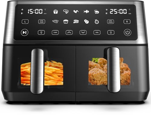 Heißluftfritteuse 2 Kammern mit Sichtfenster,10L Dual Zone XXL Airfryer,10-in-1 Voreingestellten Programmen, Touchscreen, Intelligente Synchronisierung und Timer, Energiesparend, Friteuse ohne Öl