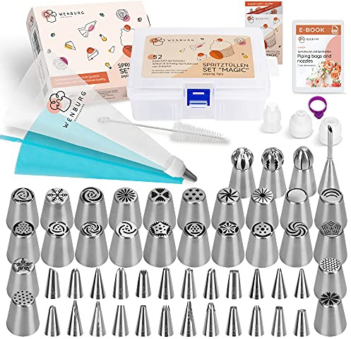 Wenburg Spritzbeutel mit Tüllen - 100-tlg. Torten Spritztüllen Set aus Edelstahl - Profi Spritzbeutel Set für den ambitionierten Hobby Bäcker - Vielseitig Einsetzbares russische