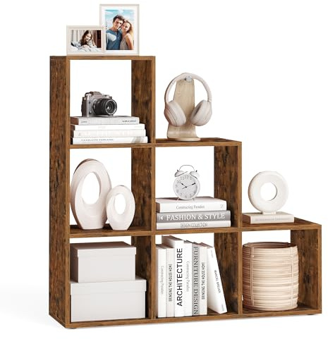 VASAGLE Bücherregal, Treppenregal, Trennwand, Aufbewahrungsmöbel, 6 Fächer, für Büro, Wohnzimmer, Schlafzimmer, rustikales Braun LBC63BX