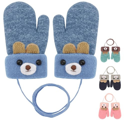 Becellen Fäustlinge Baby, Warme Weiche Kleinkind Strickhandschuhe mit Schlüsselband Niedliche Cartoon-Musterdesign Fäustlinge Baby Doppelt Winter Handschuhe für 0-3 Jahre Jungen Mädchen