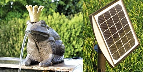 Powershop11 Wasserspeier Froschkönig Guß 13 cm mit Solarpumpe Solaris 170 | Solarpumpe mit Trockenlauf-Schutz