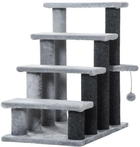PawHut Katzentreppe 4-stufig mit Kratzsäulen für Katzen Grau 60x40x64 cm | Haustiertreppe, Ball, Hundetreppe, Tiertreppe, Plüsch Jute