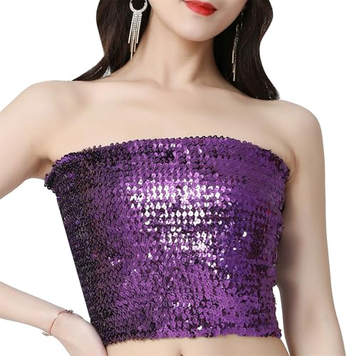 jerbro Damen Glitzer Tube Top Pailletten Top Schulterfreies Oberteil Rave Kostüm für Damen Crop Top Trägertop Nachtclub Karneval Party