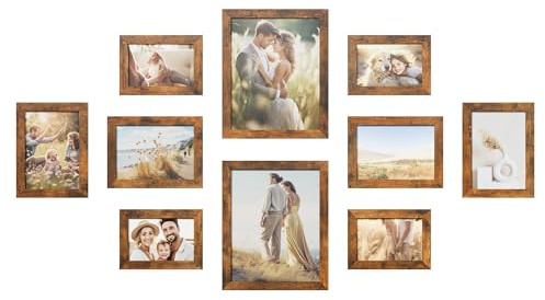 SONGMICS Bilderrahmen 10er Set, für 2 Fotos in 20 x 25 cm, 4 Fotos in 13 x 18 cm, 4 Fotos in 10 x 15 cm, Kunststoffscheibe, MDF, vintagebraun RPF310X01
