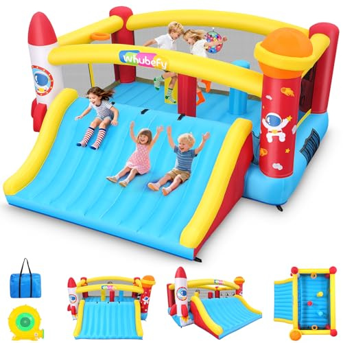 AKEYDIY Verbesserte Hüpfburg für Kinder, 4,1 x 4,1 m große Hüpfburg mit größerer Rutsche, aufblasbarer Hüpfbereich mit Sprungfläche, Kletterwand, Basketballspiel, verstärktem Material, für 3+ Kinder