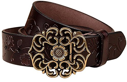 MINGCHENCN Damen echtes Leder Blumen Gürtel Gürtel für Jeans (115 cm lang, Kaffee)