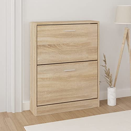 Tidyard Schuhschrank 2 Klappen Schuhregal Schuhkommode Schuhkipper Holzwerkstoff Eichen-Optik 59x17x81 cm
