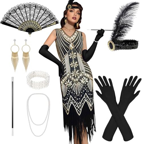 20er Jahre Kostüm Damen, 20er Jahre Kleider mit 20er Jahre Accessoires, V-Ausschnitt Pailletten Perlen Fransen Kleid, Karneval Kostüm mit Fächer, für Karneval, Partys, Tänze, L (Schwarz Gold)