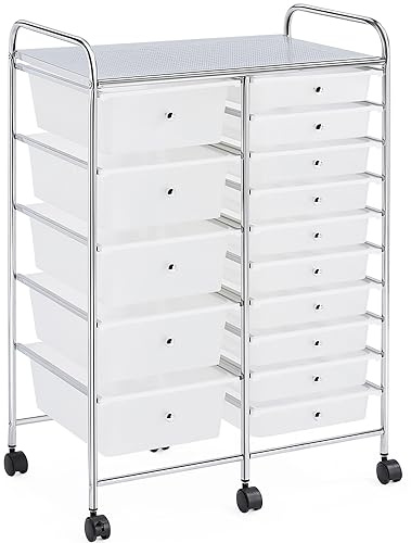 Yaheetech Rollwagen Badrollwagen mit 15 stapelbaren Schubladen, Rollcontainer Metallgestell, Haushaltswagen mit Bremsen, Aufbewahrungswagen rollbar, 62,5 × 36 × 91 cm