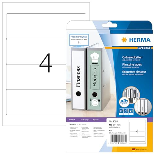 HERMA 5095 Ordnerrücken Etiketten kurz breit, 25 Blatt, 192 x 61 mm, 4 pro A4 Bogen, 100 Stück, selbstklebend, bedruckbar, blickdicht, blanko Papier Ordneretiketten Rückenschilder Aufkleber, weiß