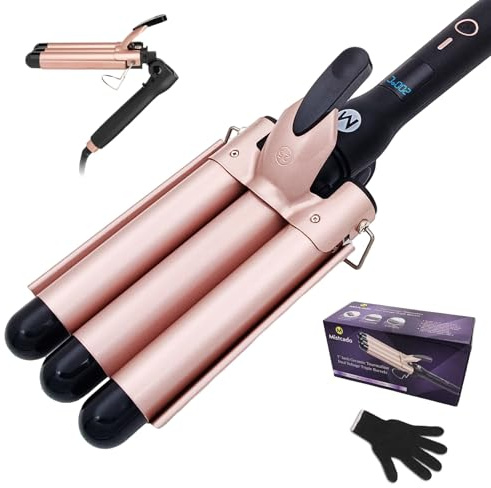 3 Fässer Welleneisen, 25mm Keramik Turmalin Haar Lockenstab Waver Wand mit LCD-Temperaturanzeige, Schnelle Heizung Faltbar Crimpers für Reisen (Gold)