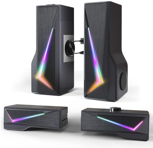 TONE JOY - PC-Lautsprecher - Abnehmbare Lautsprecher mit coolen dynamischen RGB-LEDs - Lautsprecher mit USB&3.5mm AUX-Kabel für Computer, Tablet, Handy, Laptop, MP3 / MP4