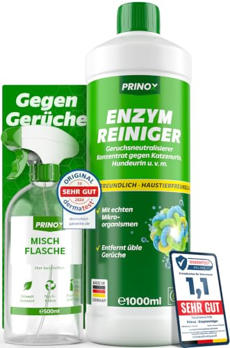 Enzymreiniger Konzentrat 1000ml XXL SET inkl. Mischflasche - STARKER GERUCHSENTFERNER - Ergibt bis zu 40L Geruchsneutralisierer - Beseitigt Hundeurin, Katzenurin Geruch tiefgreifend uvm. I Made in DE
