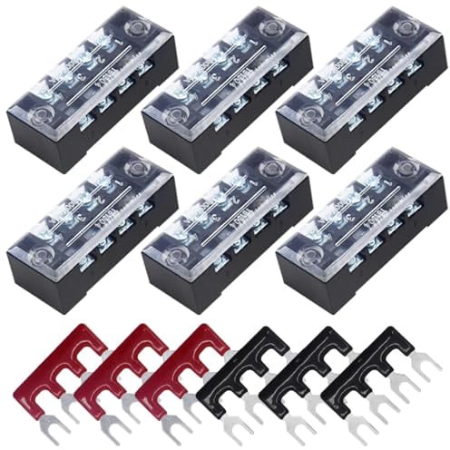 CEEYSEE Schraubklemmenleiste, 6 Stück 4 Positionen zweireihig abgedeckte Schraubklemme 600V 15A + 6 Stück 4 Positionen vorisoliert schwarz/rot Gabelklemmleiste 400V 15A (DTB1504)