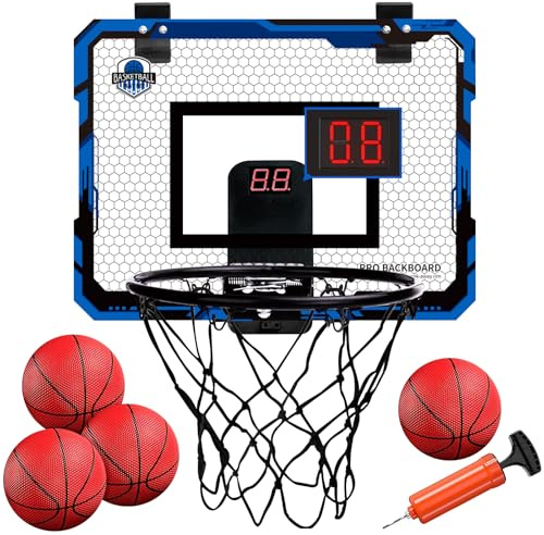 Mini Basketballkorb Indoor,Basketballkorb Kinder,mit 4 Ball und 2 Netze u Anzeigetafel,über die Tür Basketballkorbs,Basketball-Spielzeug für 3 4 5 6 7 8 9 10 11 12 Jahre Alte Jungen Mädchen(Blau)
