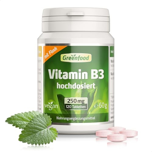 Vitamin B3 (mit Flush!), hochdosiert, 250mg - 180 Tabletten, vegan. Niacin - für Energie, Balance und Vitalität. OHNE künstliche Zusätze - laborgeprüft. Von Greenfood.
